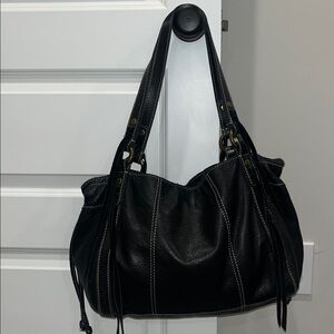 Lucky Brand black leather fringe hobo tooled boho bag vintage inspired